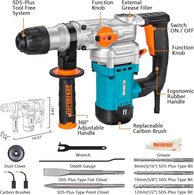Berserker 1-1/8" SDS-Plus Rotary Hammer Drill for Concrete 26FA | 1050W 9 Amp 3 Functions 9.5 lb. Corded Electric Safety Clutch Rotomartillo for Masonry Cement Wall Drilling, Tile Removal