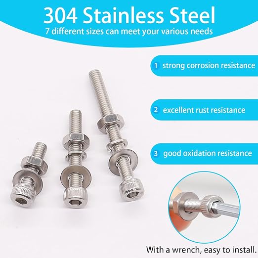 350PCS M4 Screw Kit, M4 x 6/8/12/16/20/25/30mm Hex Socket Head Cap Screws Bolts Nuts Washers Assortment Kit, 304 Stainless Steel Metric Bolts with Hex Wrench