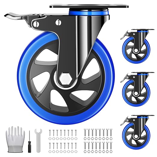 5 Inch Caster Wheels Heavy Duty Swivel Casters Set of 4 with Dual Locking,Industrial Plate Casters, Locking Casters Wheels for Furniture,Workbench(Free Hardware Kit)