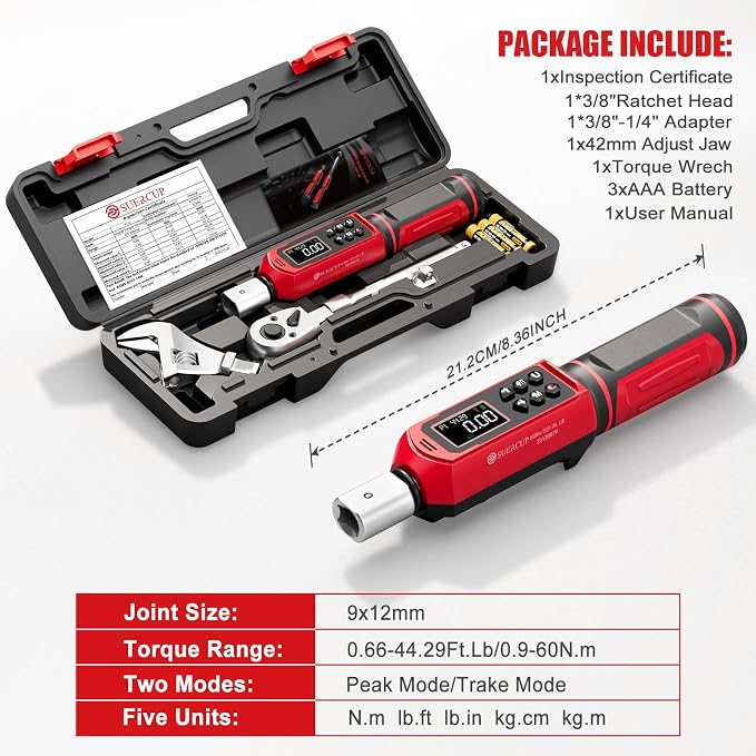 SUERCUP 9x12 mm Adjustable Digital Torque Wrench, 0.66-44.29Ft.Lb/0.9-60N.m | Interchangeable Open End Head 42mm Jaw & 3/8" Ratchet, Vibration/Buzzer/LED Alert, for Split AC, HVAC, Bike & Moto Repair