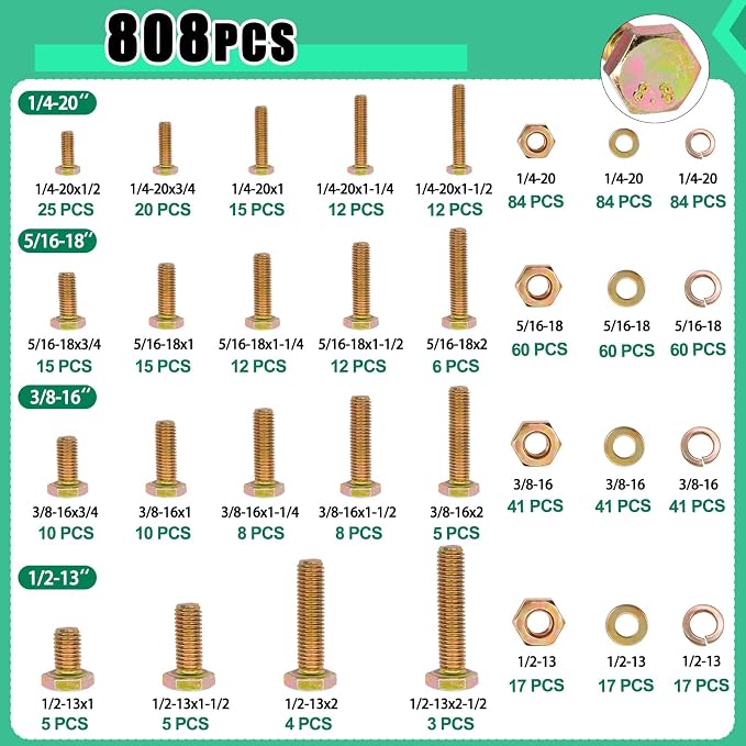 Twidec/808pcs Grade 8.8 Hex Head Nuts and Bolts Assortment Kit,SAE Bolt Assortment, 1/4-20 5/16-18 3/8-16 1/2-13 SAE Heavy Duty Bolts and Nuts Kit, Flat & Spring Lock Washer Gold Zinc Plating