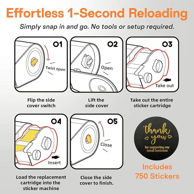 Automatic Sticker Dispenser—Multi-Size, Snap-in Preloaded Sticker Roll Cartridge—for Packaging, Gift Bags, Envelopes, Weddings & Events—Includes 750x1.5 Thank You Stickers