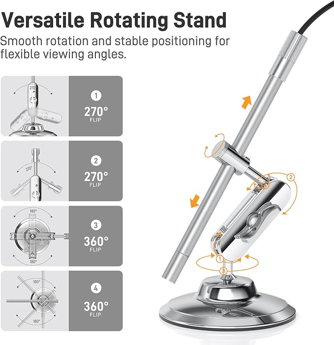 Teslong USB-C Digital Microscope, 10X to 200X Magnification Portable Camera with 8 LED Lights, Handheld Rotating Metal Stand for Coin, Electronic, Compatible with iPhone 15+ and Android Devices