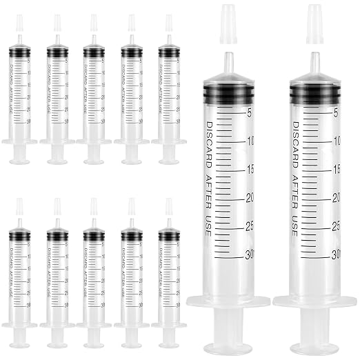 12 Pack Plastic 30ml Syringes with Cap, Sterile Syringe Individually Packaged for Labs, Liquid Measuring, Feeding Pets, Oil or Glue Applicator