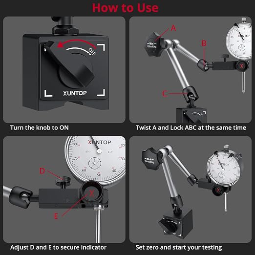 XUNTOP Dial Indicator 1inch/0.001inch with 132lbs/60kg Magnetic Base,Imperial Dial Test Gauge Set for Lathe,3D Printer,CNC,Car,Laboratory