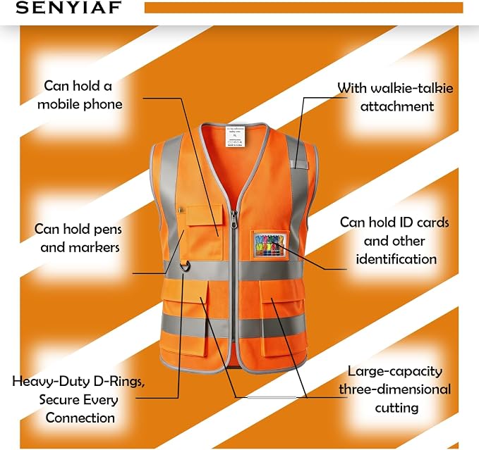 12 Pack Hi Vis Reflective Safety Vest Multi Pockets & Zipper Class2 | Construction Work Vest for Men and Women,Warehouse Crews,Road Workers,Volunteers,Security,Baggage Handling,Survey,Airport