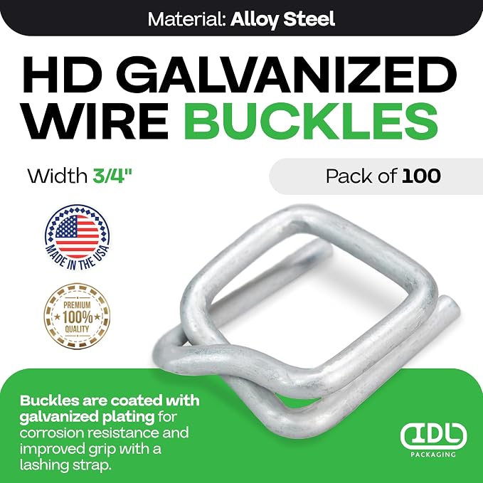 Cord Strapping Buckles 3/4", Pack of 100 - Heavy-Duty Wire Buckles with Galvanized Coating for Соmposite Cord Strap - Reusable and Superior Breaking Strength Metal Buckle by IDL Packaging