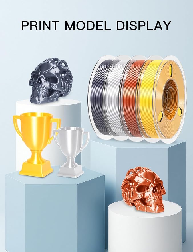PINBALL 500gX4 Spools Silk PLA 3D Printer Filament Bundle, Shiny Metallic Filament 3D Printing Filament 1.75mm, 500g*4 Gold/Grey/Silver/Red Bronze