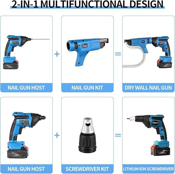 21V Cordless Drywall Screw Gun and Electric Screwdriver - 2-in-1 Self-Feeding Screwdriver, Includes Storage Toolbox and 4.0Ah Battery, Perfect for DIY and Professional Use (Two battery set)