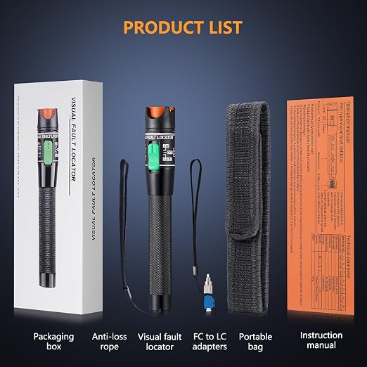 Visual Fault Locator 30KM - VFL Fiber Optic Tester Kit with Universal 2.5mm Connector, Includes FC to LC Adapter, Compatible Single Mode 9/125um & Multimode, Fiber Light & Laser for CATV Telecom