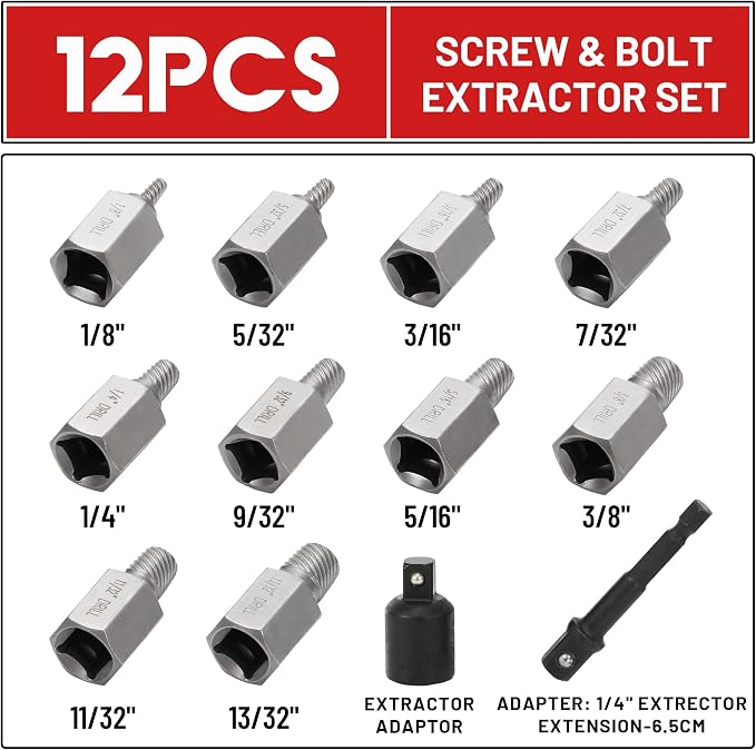 12Pcs Screw Extractor Set Hex Head Multi-Spline Easy Out Bolt Extractor Set 3/8 Inch Drive, Stripped Bolt Remover, Bolt Extractor Kit for Removing Broken Rusted Bolts Studs Nuts Socket Screws