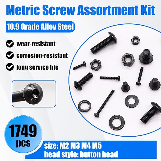 1749Pcs Metric Screw Assortment Kit, M2 M3 M4 M5 Metric Bolts and Nuts Kit with Lock & Flat Washers, 10.9 Grade Alloy Steel Button Head Socket Cap Screws for 3D Printing