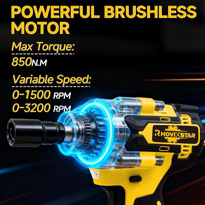 Rhovixster 1/2 Impact Gun Cordless - Impact Wrench Set, 1/2 Torque Impact, Brushless Motor High Torque Impact Guns with 2pcs 4Ah Battery & 1pcs Charger, 850N.M Torque