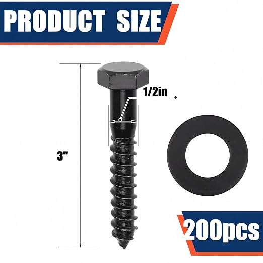 Tandefio 200 Pack 1/2''x 3'' Hex Head Lag Bolts for Wood Ceramic Black Lag Screw Kit with Washers Heavy Duty Hot Dip Galvanized Coating Double Layer for Decks Fences