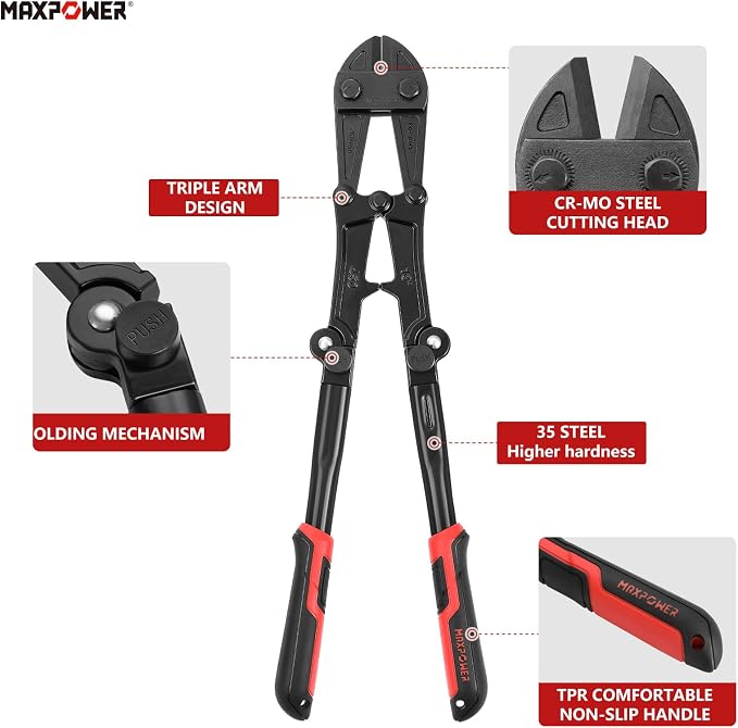 MAXPOWER 18-inch Folding Bolt Cutters, Foldable Bolt Cutter with Soft Grip Ergonomic Non-Slip Handle, Heavy Duty Bolt Chain Padlock Wire Cutting Tool