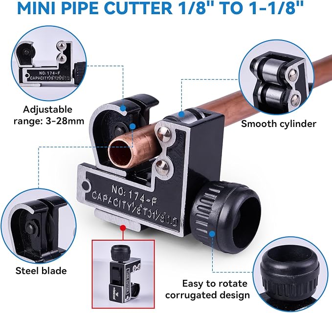 WISSCOOL Copper Pipe Cutter Kit with Pipe Cutter 3/16"-2", Mini Tube Cutter 1/8" to 1-1/8", Deburring Tool Pipe Reamer Needle File Set Car Battery Cleaning Brush for Automotive HVAC Plumbing