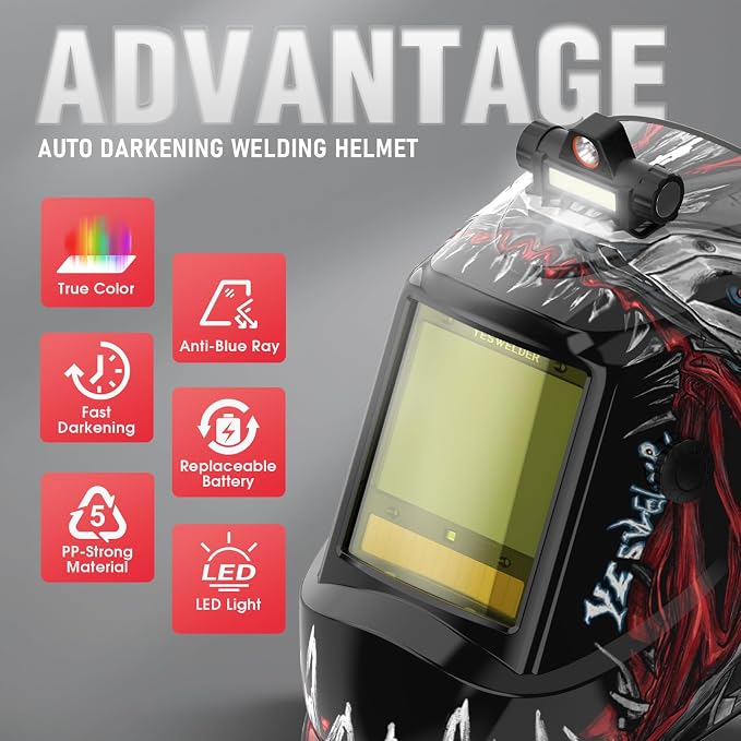 YESWELDER Intelligent Auto-Shade Auto Darkening Welding Helmet Large View with LED, Digital Filter, 1/1/1/1 True Color Solar Powered, Shade 3/5-9/9-15 Welder Mask for MIG/TIG/Stick/Cut/Grind