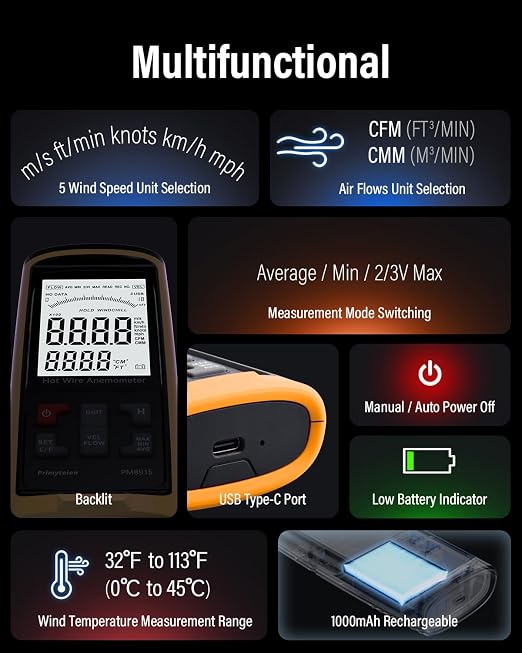PM8915 Hot Wire Anemometer Handheld with Telescopic Probe, CFM/CMM Digital Wind Speed Meter Gauge, Air Flow Velocity Tester for Measuring HVAC, Duct Airflow, Wind Speed, Wind Chill
