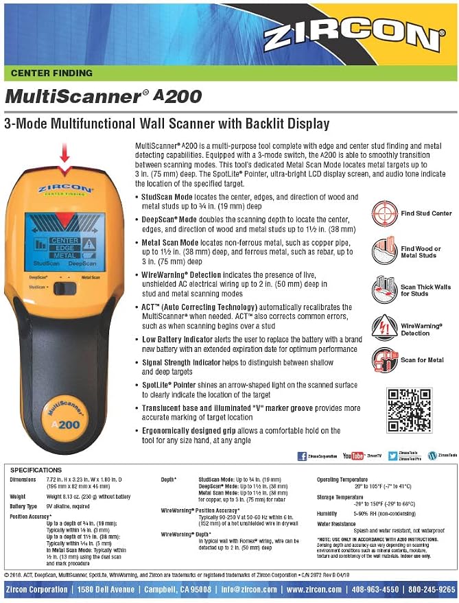 Zircon® MultiScanner™ A200 Stud Finder Wall Scanner, Edge and Center Finding