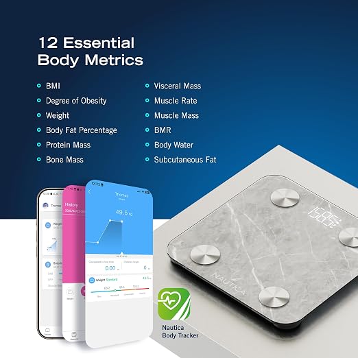 Nautica Body Tracker Digital Bathroom Scale, Bluetooth-Enabled Smart Scale with BMI, Body Fat, Muscle Mass Tracking & More, Syncs with Smartphone App for Body Composition Tracking, 396 Lbs.