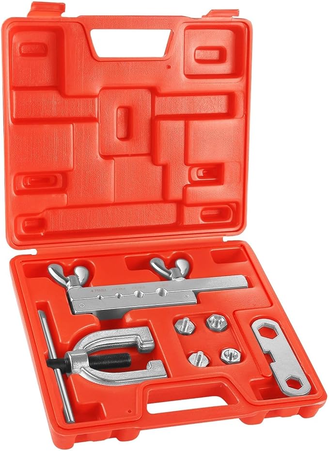 Flexzion DIN/ISO Bubble Flare Brake Line Flaring Tool Kit with 4.75 (CNF-3), 6 (CNF-4), 8, 10mm Adapters Dies Metric European Automotive Copper Steel Aluminum Fuel Hydraulic Tubing Fitting Set w/Case