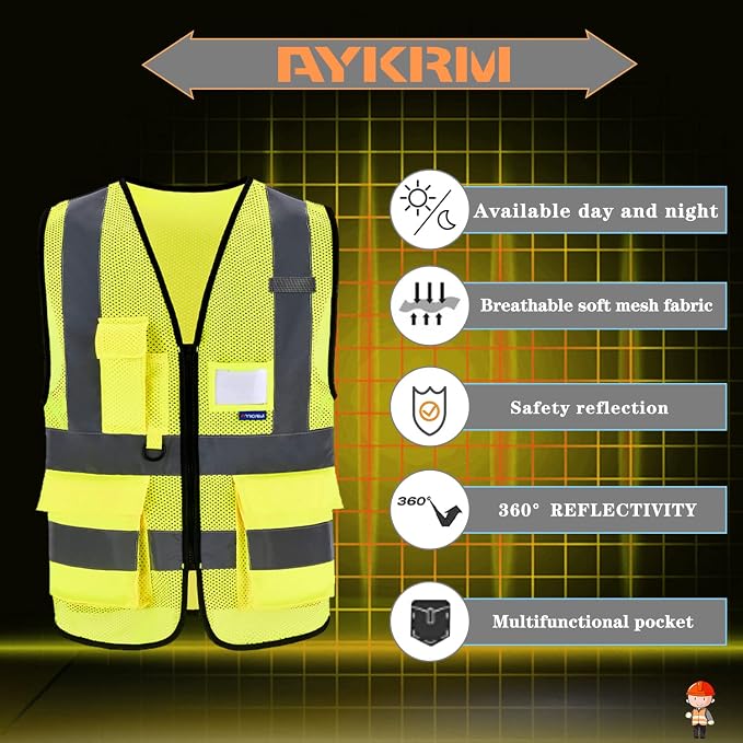 A-SAFETY ANSI/ISEA Standard Class 2 Hi-Vis Vest, Unisex, Zipper, Yellow, M | Yellow M Class 2 breathable mesh vest with 7 pockets, front zipper and reflective strips for surveying and construction.