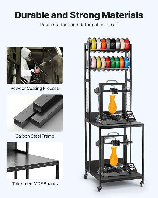 VEVOR 3D Printer Filament Storage Rack, 4-Tier 3D Printer Stand with Filament Storage, Spools Holder Racks Cart with Wheels, Filaments Organzied for 3D Printing Station, Office, Workshop (Shelf Only)