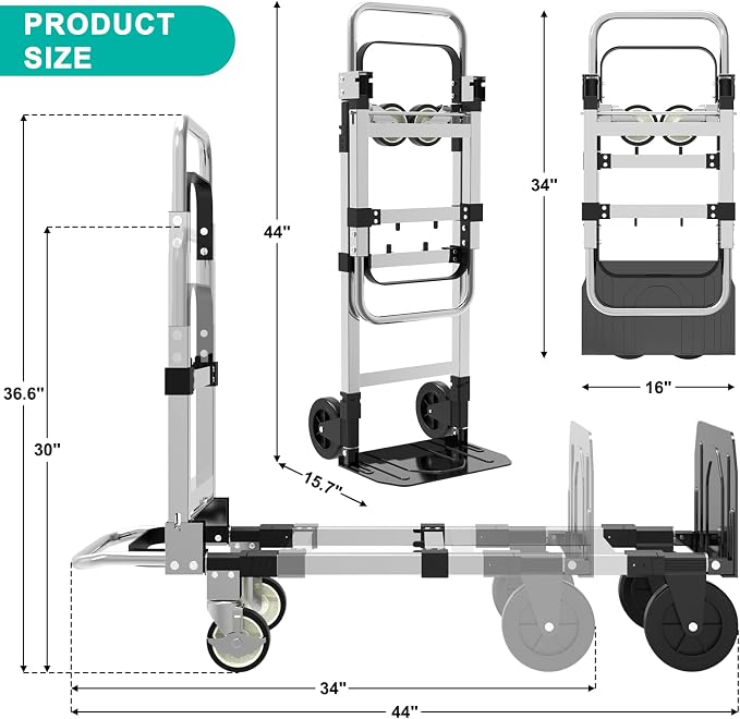 3 in 1 Aluminum Hand Truck Foldable, 500 lbs Convertible Dolly, Collapsible Dolly Cart with 4 Rubber Wheels, Portable Trolley with Retractable Handle for Moving/Office/Home/Warehouse(Black Silver)