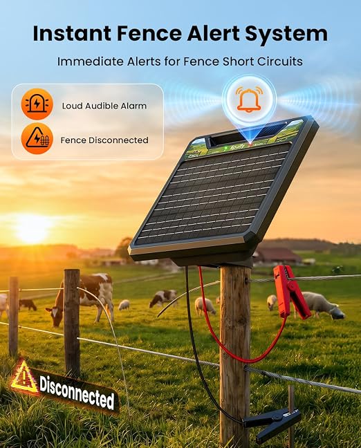 Solar Electric Fence Charger 1.0J, Epoify LD03 45 Mile Fence Energizer with 8W Solar Panel & 8000mAh Battery, Auto Short Circuit Alarm, Weatherproof for Cattle, Horses, Goats & Predator Control