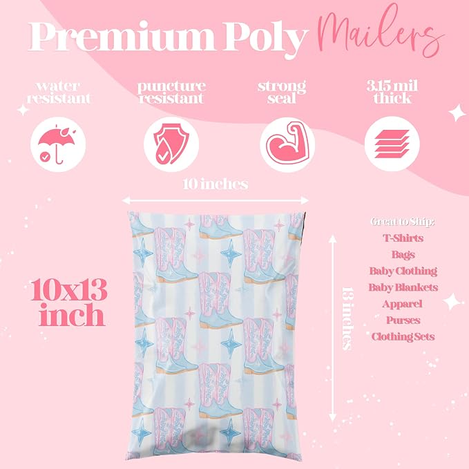 Pretty Package Store 10x13 Designer Poly Mailer 100 Pack Heavy Duty Waterproof Self Seal Shipping Bags for Small Business Large Mailing Envelopes Bulk Tear Resistant Packaging Cowgirl Boots Western