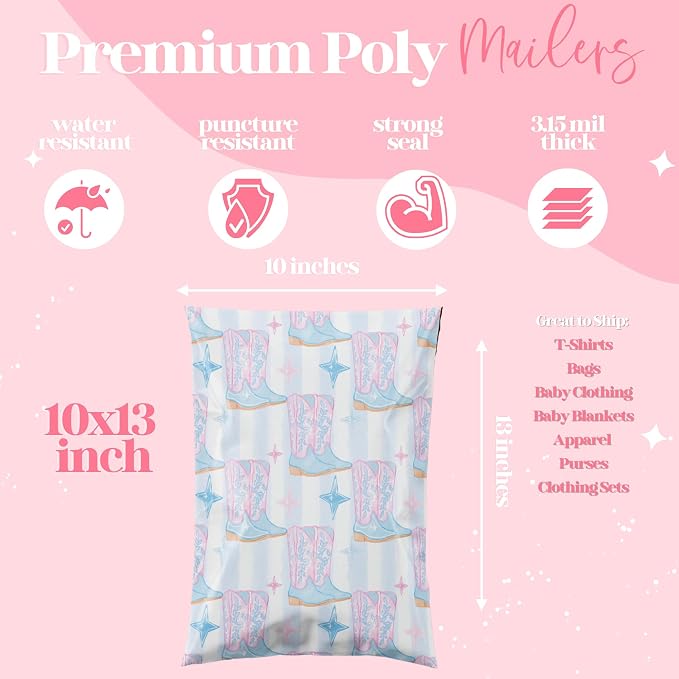 Pretty Package Store 14.5x19 Designer Poly Mailer 100 Pack Heavy Duty Waterproof Self Seal Shipping Bags for Small Business Large Mailing Envelopes Bulk Tear Resistant Packaging Cowgirl Boots Western