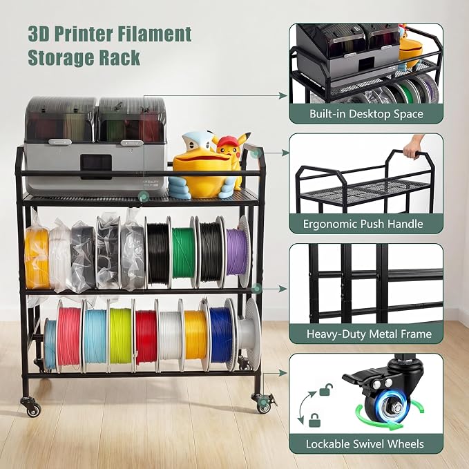 3D Printer Filament Storage Rack 3 Tiers Heavy Duty Metal Filament Spool Holder Holds 36 Spools Sturdy Rolling Filament Shelf with Wheels Easy Assembly Space-Saving for Home Office Workshop