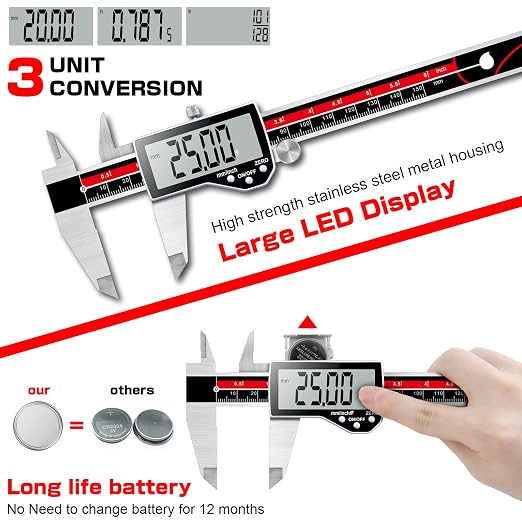 Digital Caliper Electronic Caliper Measuring Tool Precision Digital Vernier Caliper Inch/Millimeter/Fraction Measurement Micrometer for Jewelry - Metal Metric Measure Caliper for Engineer Carpenter