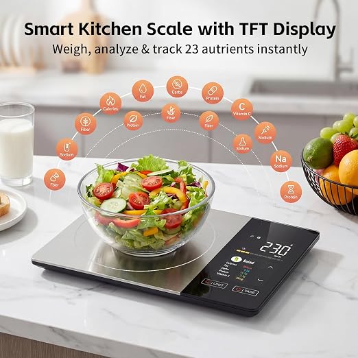 Smart Nutrition Food Scale with App, Color TFT Display for Calorie & Macro Tracking, Tracks 24 Nutrients, 1g/0.1oz Precision, 11lb/5kg Digital Kitchen Scale for Weight Loss, Keto & Meal Prep