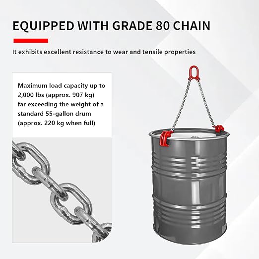 Oil Drum Lifting Clamp, 1 Ton Capacity, Heavy Duty Steel, for 55 Gallon Drums, Manual Drum Lifter and Handler, 2000 lbs