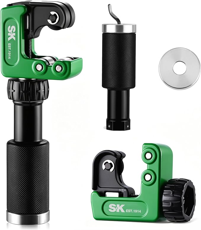 SK 2-Piece Tube Cutter Set, 1/4"–1 1/4" OD Pipe Cutter with Detachable Extension Handle & Concealed Deburring Scraper, 52100 Bearing Steel Blade for Copper, Aluminum and PVC Tube
