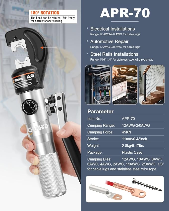 Hand Operated Hydraulic Crimping Tool Hydraulic Cable Lug Crimper 8 US TON 12 AWG to 00 (2/0) Electrical Terminal Cable Wire Tool Kit with 9 Dies