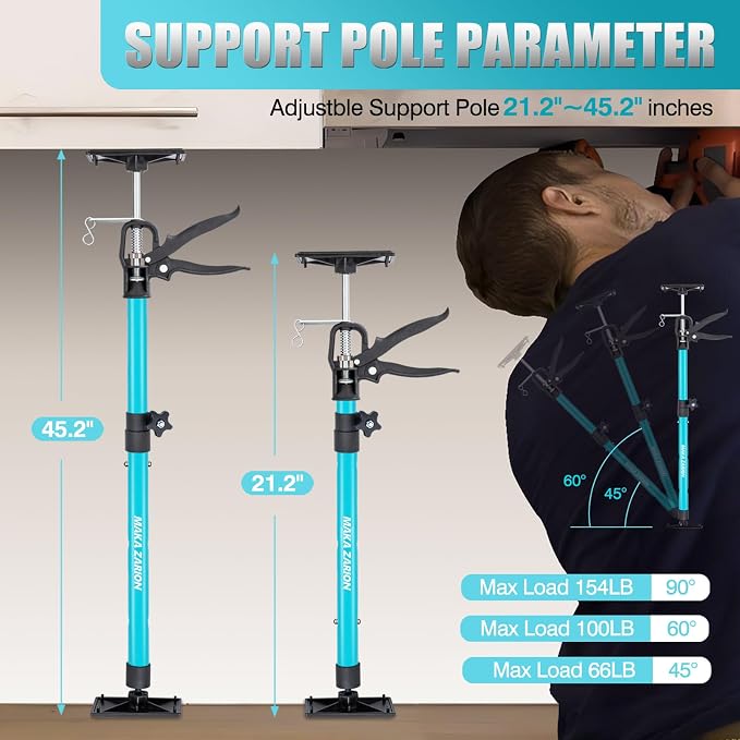 Steel Cabinet Jacks for Installing Cabinets, 3rd Hand Support System Load 154LB, Adjustable Support Pole Jack 21.2-45.2 in, Perfect for Cabinet Lift Installation Tools, Quick Support Rod, 2-Pack