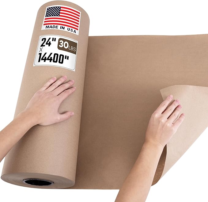 24" x 14400" (1200 feet) Natural Brown Kraft Paper Roll, 30 Lb Standard Grade – Made in USA Large Roll of Brown Wrapping Paper, 3-inch Core – for Packaging, Void Filling, Shipping, School | Made in USA Standard Grade Large Roll of Brown Wrapping Paper,...