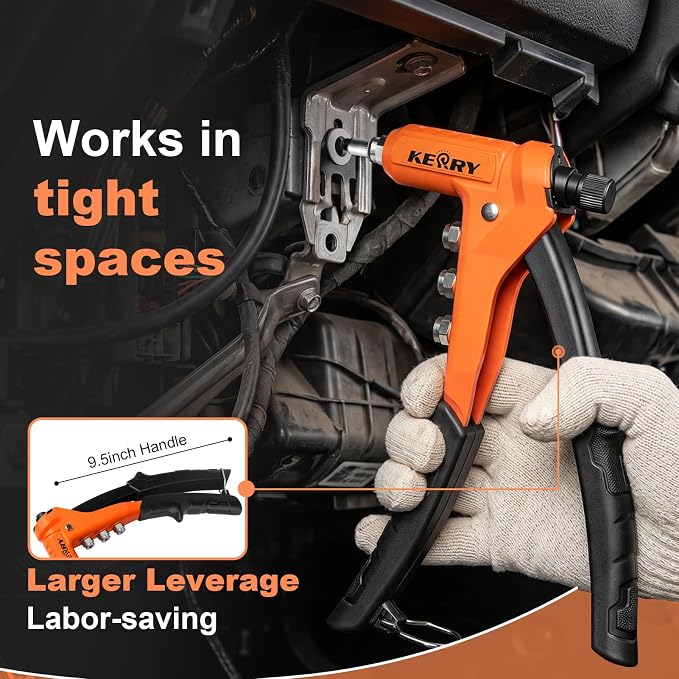 Kerry Rivet Nut Gun Tool, One-Handed Riveters 9.5" Rivnut Tool Kit with 8 Metric and SAE Mandrels 80PCS Rivet Nuts, 6-32 8-32 10-24 1/4-20 M3 M4 M5 M6 with Carrying Case Ideal for Automotive Work