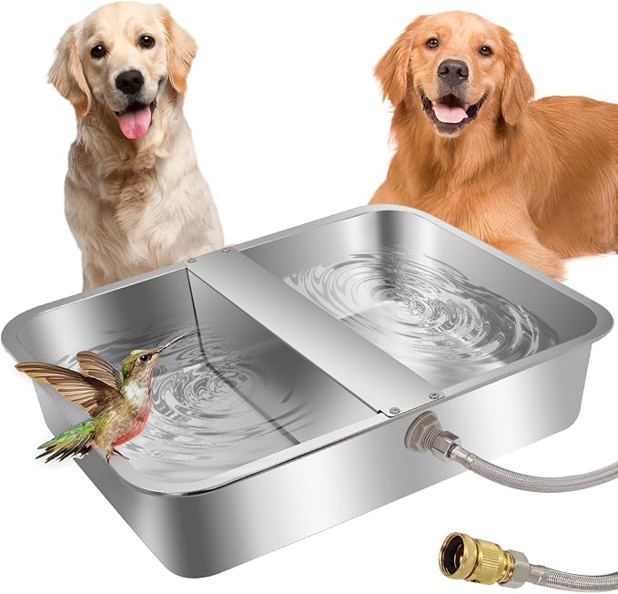 4 Gal Automatic Dog Water Bowl, Stainless Steel Auto Fill Livestock Waterer | Includes Hose & Float Valve. Fits 3/4" GHT. Rust-Proof. 2 Drinking Zones for Dog &Chicken Indoor & Outdoor Use