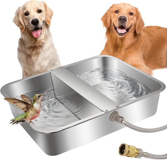 4 Gal Automatic Dog Water Bowl, Stainless Steel Auto Fill Livestock Waterer | Includes Hose & Float Valve. Fits 3/4" GHT. Rust-Proof. 2 Drinking Zones for Dog &Chicken Indoor & Outdoor Use