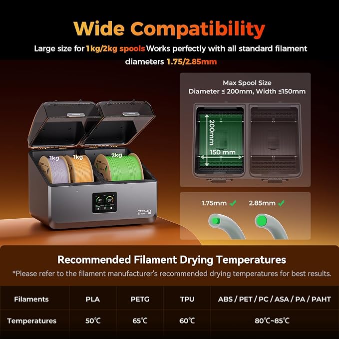 Creality Filament Dryer Box 4 Spool, SpacePi X4 3D Printer Filament Storage Box, Dual Independent Heating Chambers, Rapid Heating Up to 85℃, Active Dehumidification, for PLA,PETG,ABS,TPU,Nylon,etc