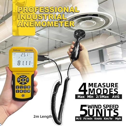 Kethvoz 856A HVAC Anemometer, Commercial CFM/CMM Air Flow Tester w/USB Data Storage & PC Connect - Measures Wind Speed, Air Volume, Temperature for AC, Ducts, Dust Collection Systems