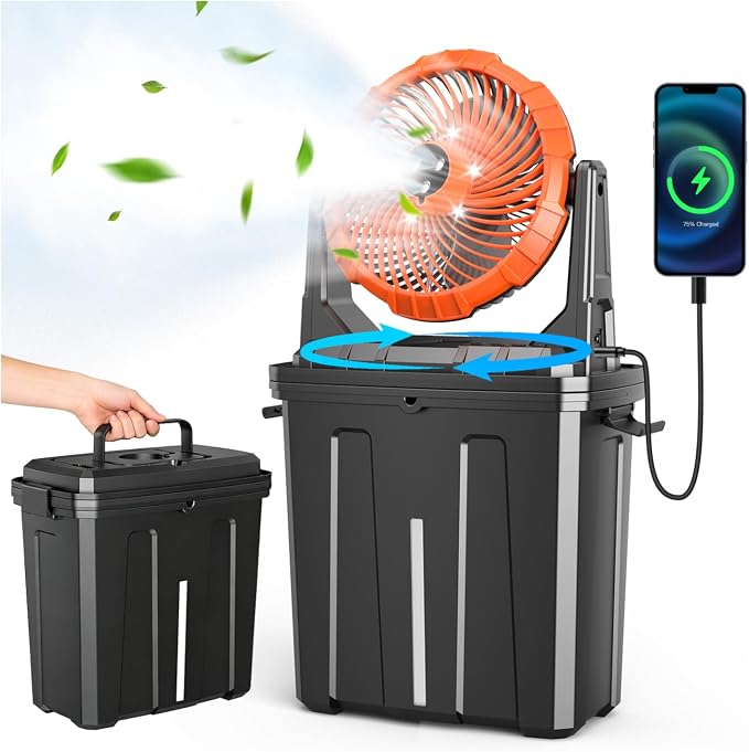 Ausic 2026 Upgraded 10″ 9L Oscillating Portable Misting Fan With Light, [Max 55Hrs] Golf Cart Mister Fan for Outside Patios, Outdoor Rechargeable Battery Operated Water Cool Fan-3 Spray Misters