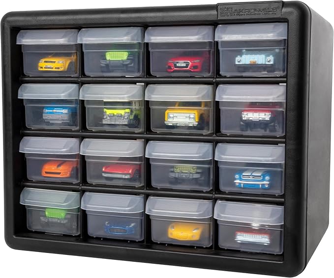 Akro-Mils 16-Drawer Plastic Drawer Storage Cabinet for Garage Organization, Beads, Makeup Organizer, Building Bricks Storage, Teacher Toolbox, 10-1/2" W x 6-1/2" D x 8-1/2" H, 10116 Black (Pack of 2)