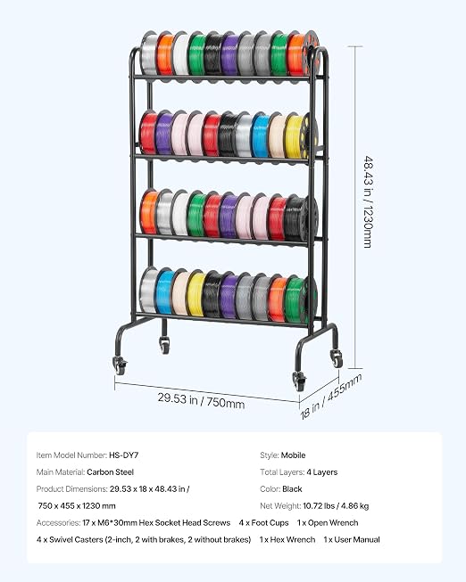 VEVOR 3D Printer Filament Storage Rack, 4 Tier Heavy Duty Storage Shelf, Rolling Filament Spool Holders Racks with Wheels, Filaments Organzied for 3D Printing Station, Office, Workshop (Shelf Only)