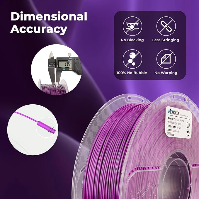 AMOLEN Dual Color Silk PLA 3D Printer Filament, PLA 1.75mm Shiny Color Change Filament 3D Printing PLA Filament for Most FDM 3D Printer, 1kg Spool(2.2lbs), Black Purple