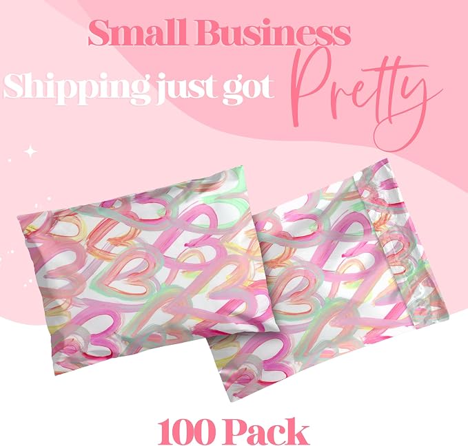 Pretty Package Store Poly Mailer 6x9, 100 Pack, Happy Hearts | Heavy Duty, Waterproof, Self Seal, Tear Resistant, Shipping Bags for Small Business Packaging, Bulk Mailing Envelopes