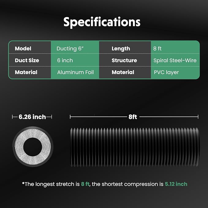 Flexible 6-Inch Aluminum Ducting, Dryer Vent Hose, Heavy-Duty Three-Layer Protection, 8-Feet Long for Heating Cooling Ventilation and Exhaust, Black